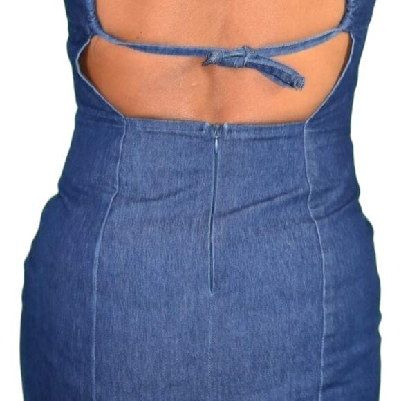 Vintage Guess Denim Dress Blue Jean Bodycon Pencil Halter Back Ties Size Small - Picture 7 of 15